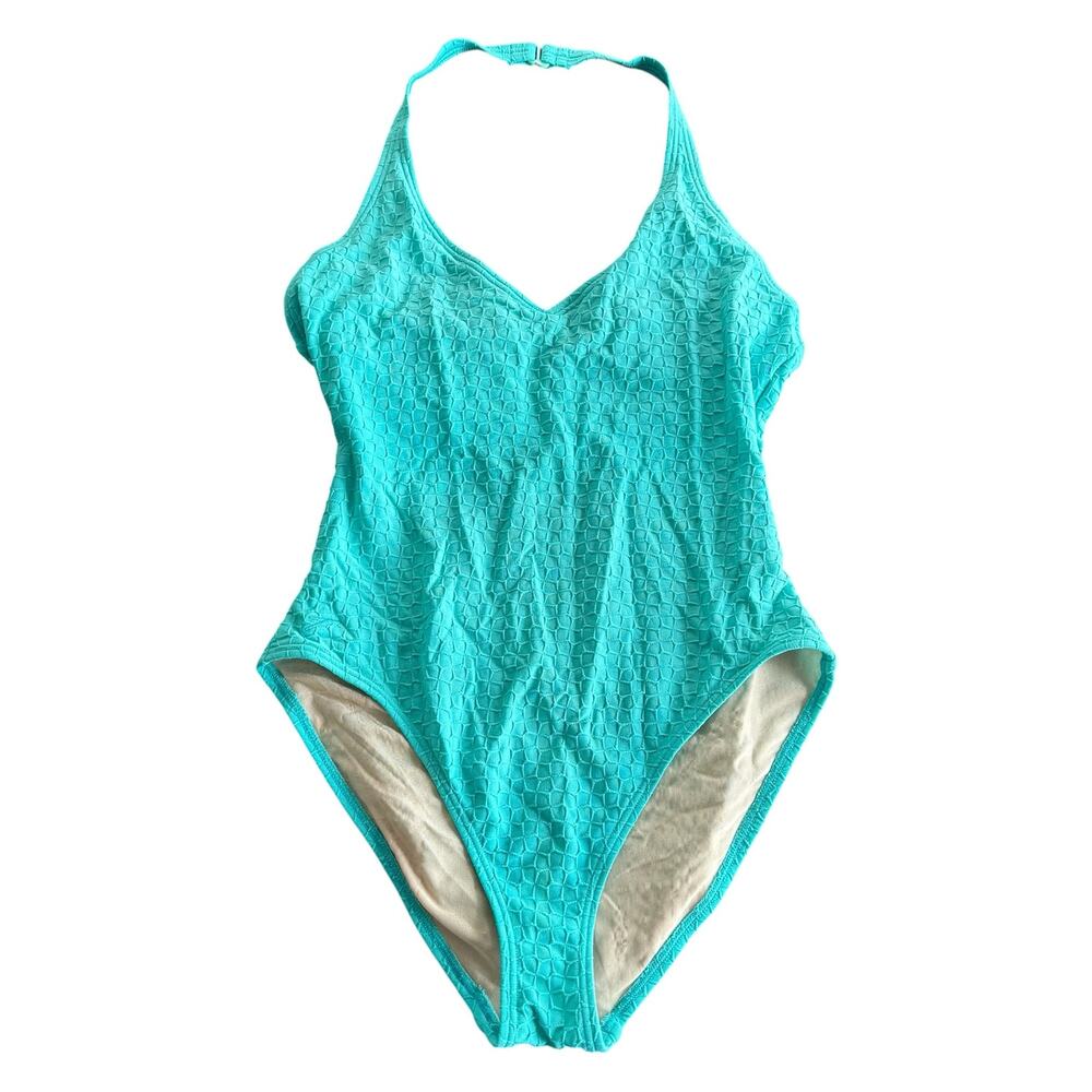 Speedo aqua blue one piece swim suit, textured, halter style, Size XL